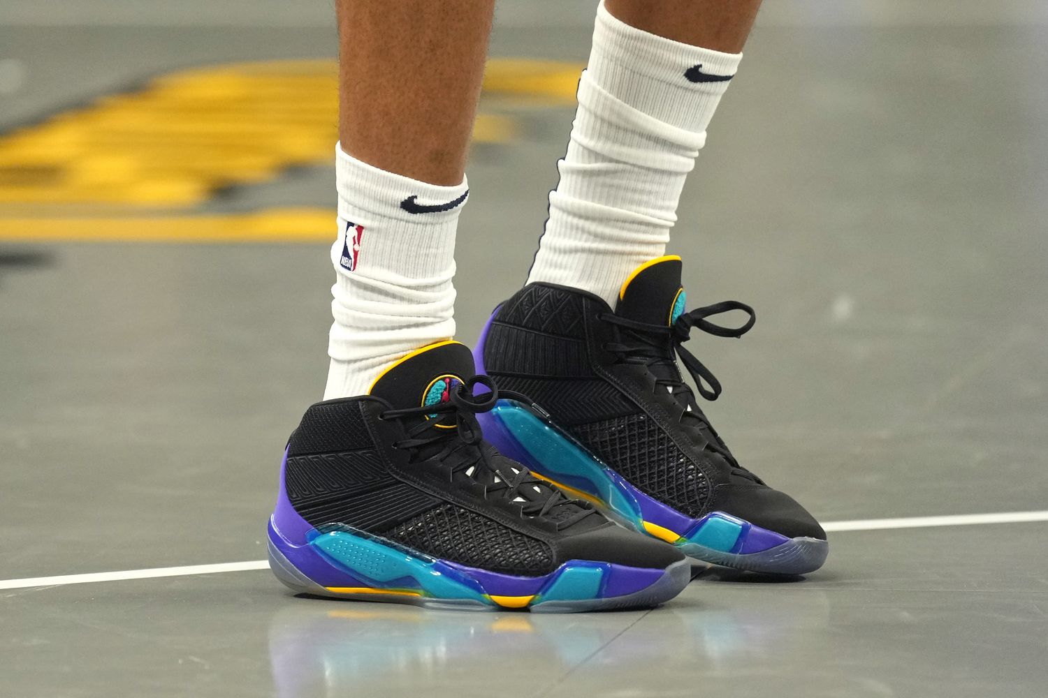 New Orleans Pelicans forward Brandon Ingram's black and blue Air Jordan sneakers.